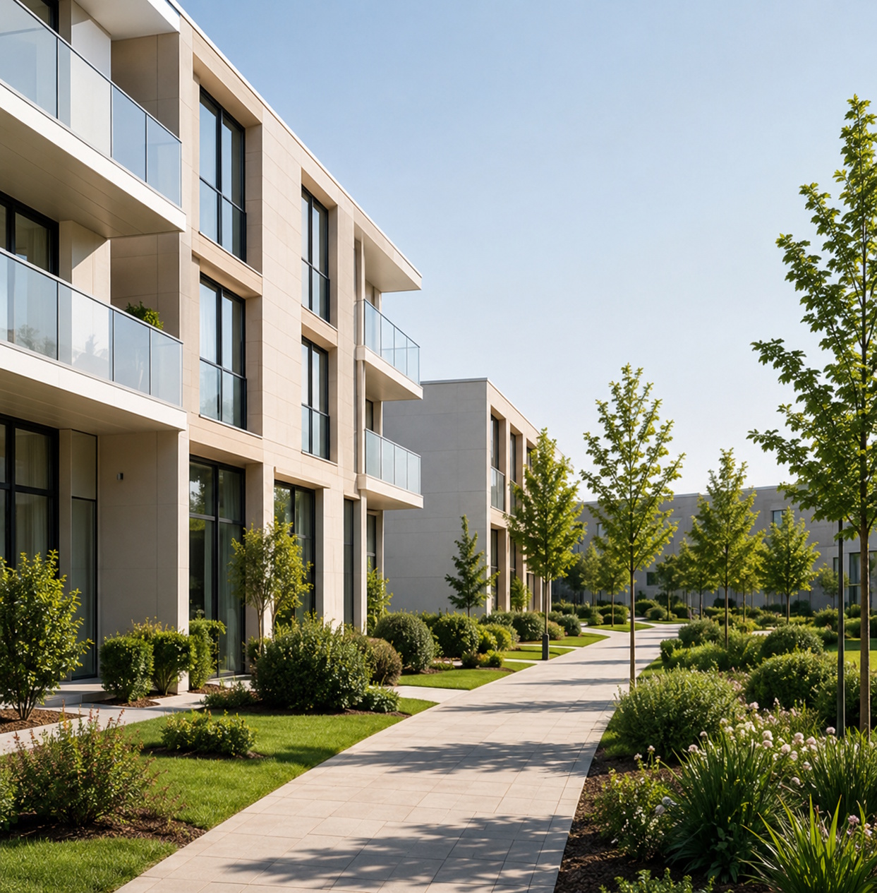 Bâtiment moderne avec espaces extérieurs soignés