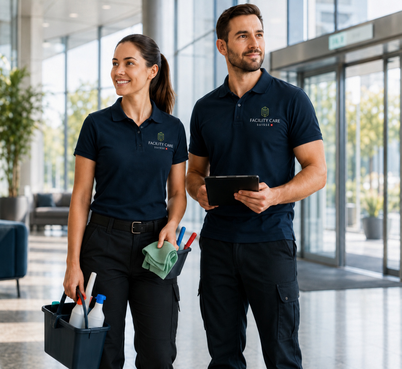 Équipe Facility Care Suisse avec matériel de nettoyage et tablette
