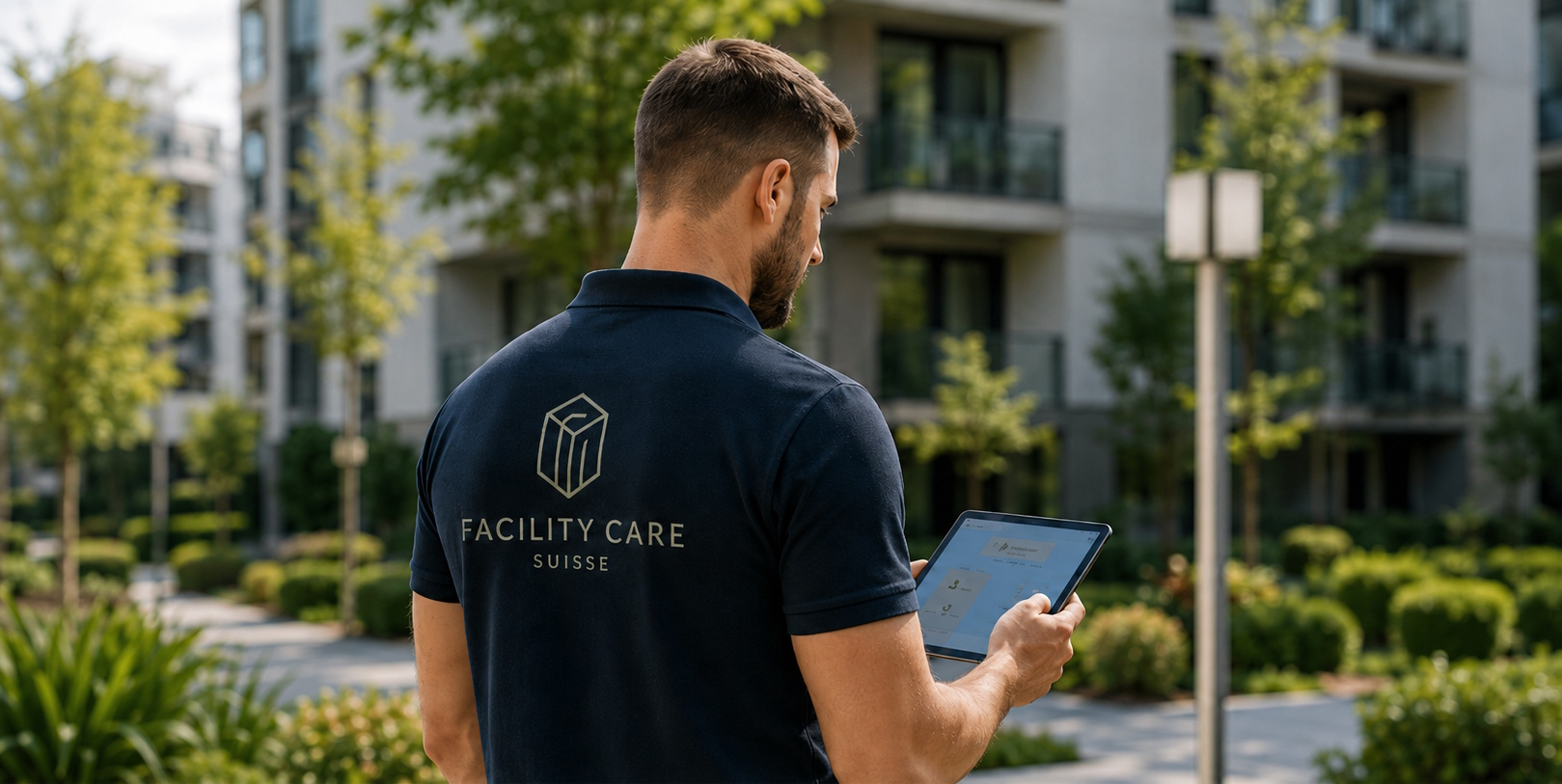Collaborateur Facility Care Suisse consultant une tablette sur site
